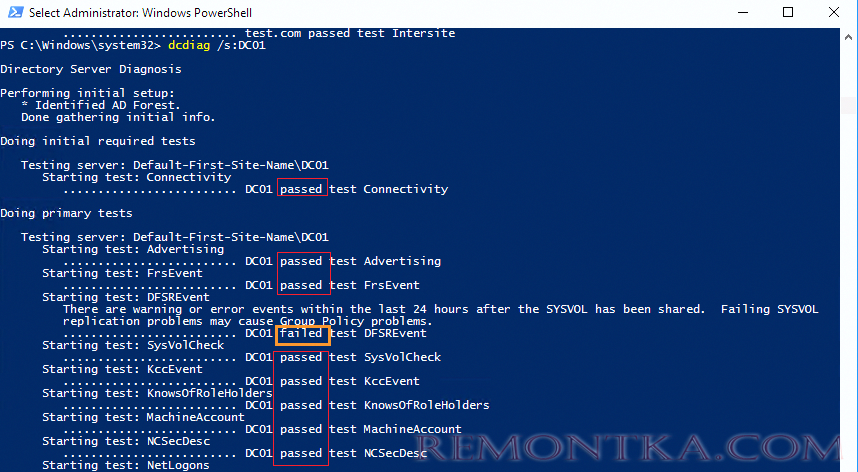 dcdiag проверка состояния контроллера домена active directory
