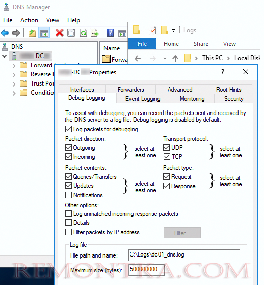 Включить DNS Debug Logging на контроллере домена Windows Server