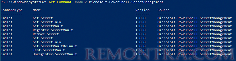 список командлетов в модуле Microsoft.PowerShell.SecretStore