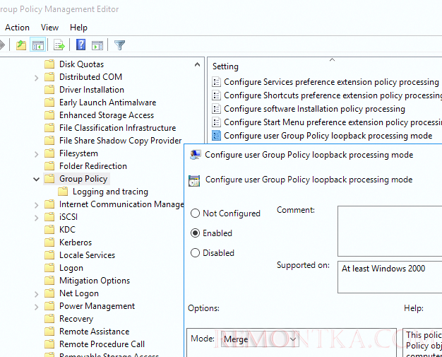 Configure user Group Policy loopback processing mode 