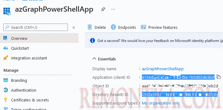 ID приложения и тенанта Azure