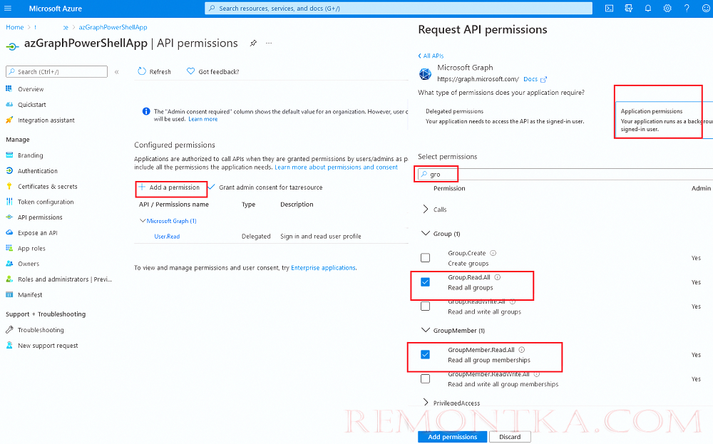 назначить права в azure для microsoft graph api