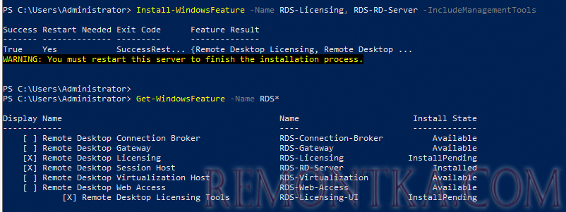 powershell просмотр устаовленных ролей RDS в Windows Server 2019