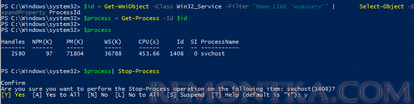 принудительная остановка процесса windows update (wuauserv) через powershell