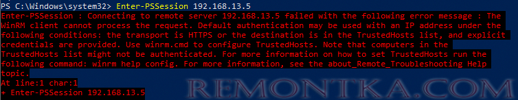 Default authentication may be used with an IP address under the following conditions: the transport is HTTPS or the destination is in the TrustedHosts list, and explicit credentials are provided