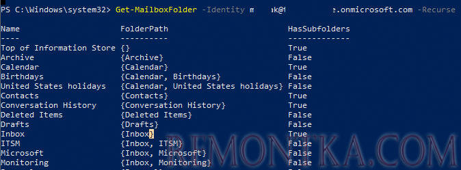 Get-MailboxFolder вывести список папок в ящике Exchange