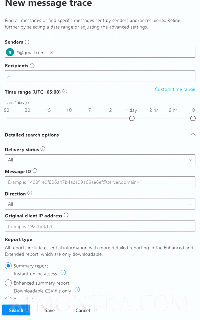параметры запроса на трассирвку письем в exchnage online