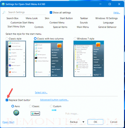 включить опцию Replace Start Button в openshell