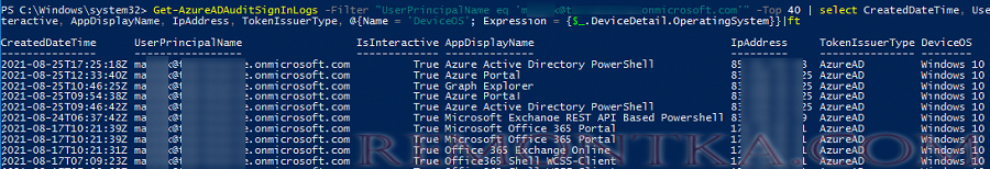 статистика входа пользователя в azure через powershell
