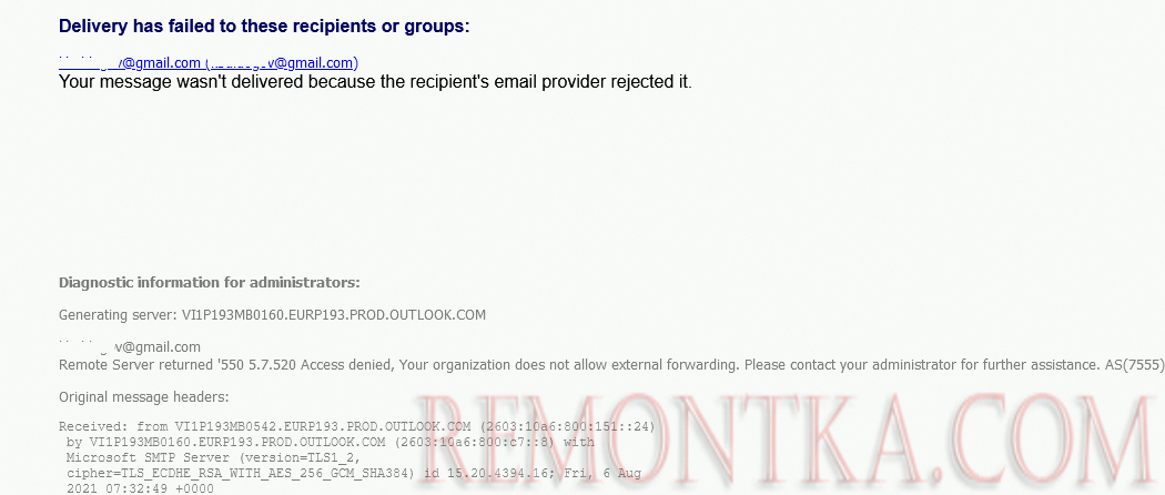 Your message wasn't delivered because the recipient's email provider rejected it. Remote Server returned '550 5.7.520 Access denied, Your organization does not allow external forwarding 