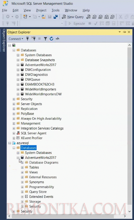 база данный sql azure появилась в sql server management studio