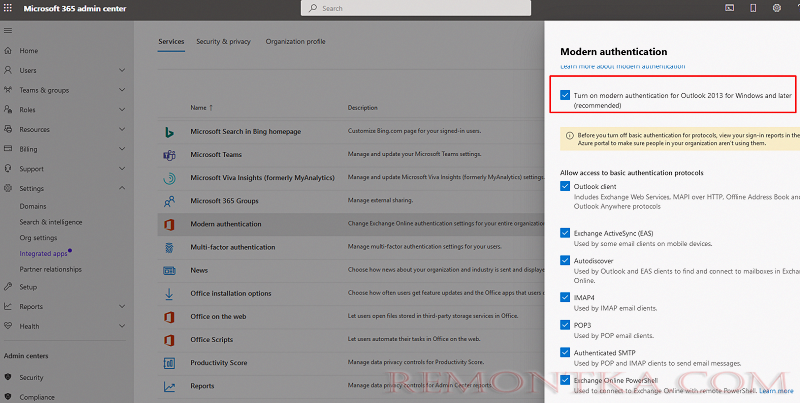 Microsoft 365 включить Turn on modern authentication for Outlook 2013 for Windows and later