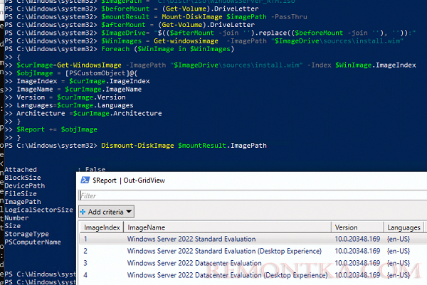 poweshell скрипт для получения списка образов и редакций Windows в ISO файле