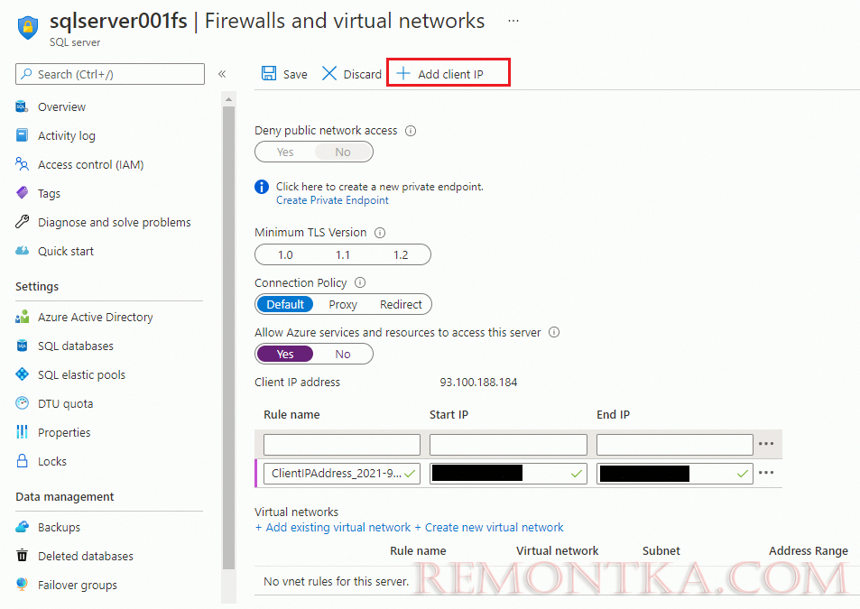 задать IP адрес для SQL базы данных в Azure