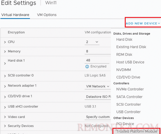добавить поддержку Trusted Platform Module для виртуальнй машины Windows 11 на vmware vsphere