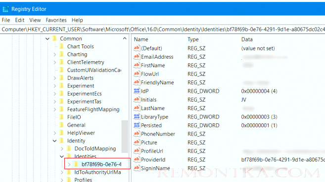 HKCUSoftwareMicrosoftOffice16.0CommonIdentityIdentities сохраненные профили Office в реестре