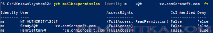информация о правах доступа к ящику exchnage get-mailboxpermission 