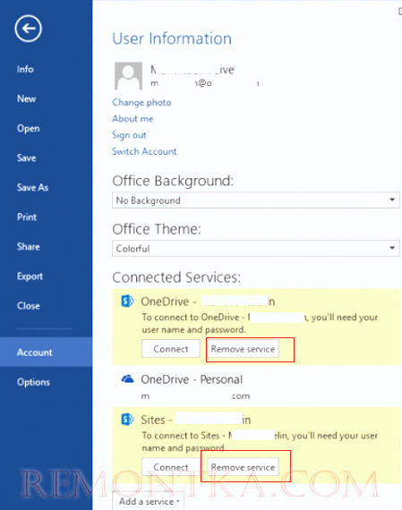 удалить подключенные службы в Microsoft Office 365. 2019 или 2016