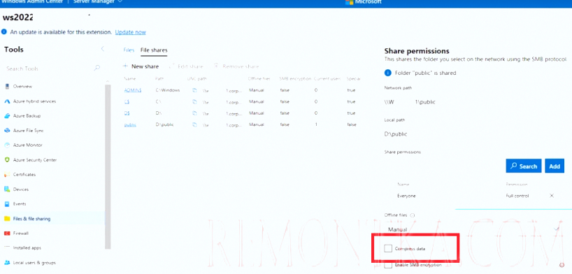 Windows Admin Center - включить сжатие файлов при передаче по сети