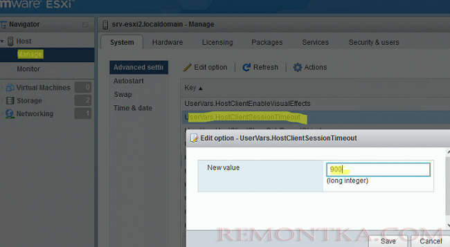 изменить параметр UserVars.HostClientSessionTimeout на хосте VMware ESXi