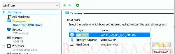 порядок загрузки для ВМ hyper-v