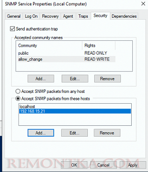 Разрешить доступ к Windows через SNMP, создать community string
