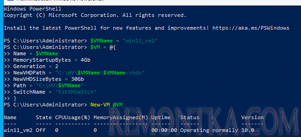 создать виртуальную машину hyper-v с помощью команд powershell
