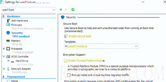 включить Secure Boot и TPM для виртульной машины WIndows 11