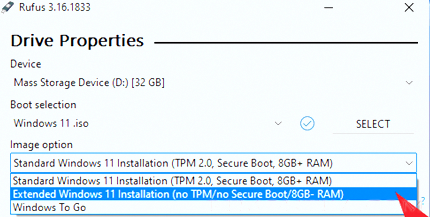 rufus - Extended Windows 11 Installation (no TPM/no Secure Boot/8Gb- RAM)