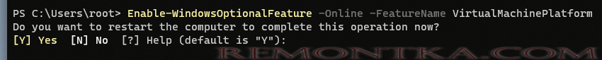 Enable-WindowsOptionalFeature -Online -FeatureName VirtualMachinePlatform