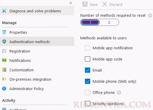 настроить методы подтверждения сброса пароля пользователями Azure