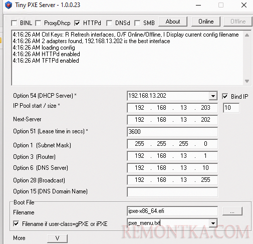 настройки Tiny PXE сервера для загрузки Windows PE по сети