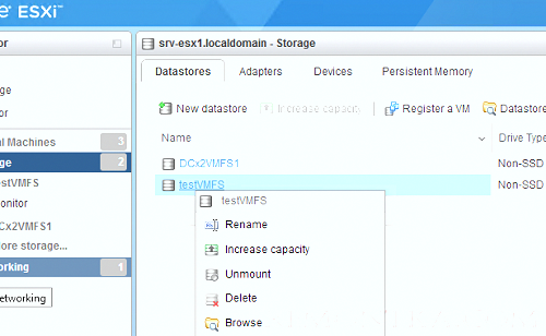 удалить vmfs datastore в vmware esxi