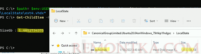 размер файла ext4.vhdx в Windows WSL