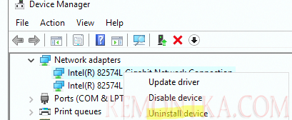 удалить сетевой адаптер в диспетчере устройств Windows