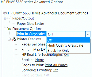 отключить режим Print in Grayscale в свойствах принтера HP