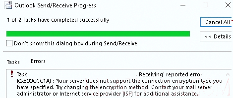 Outlook ошибка 0x800CCC1A - Ваш сервер не поддерживает указанный тип шифрования
