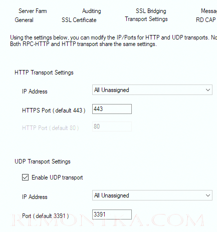 порты подключения RD Gateway 443 TCP и 3391 UDP