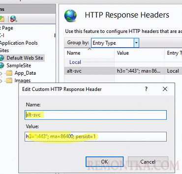 добавить http/3 в заголовок сайта IIS