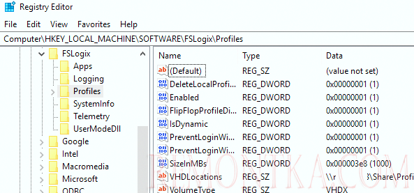 Настройки FSlogix в реестре