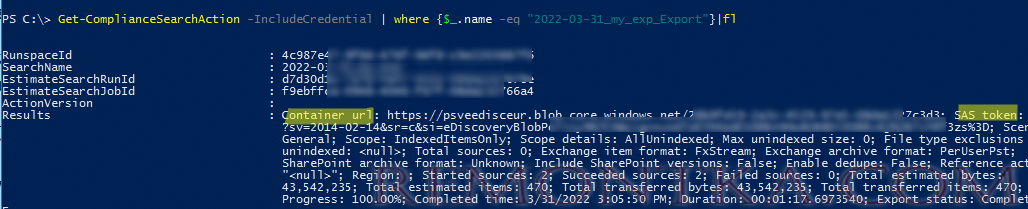 получить URL на экспорт ящика microsoft 365 powershell Get-ComplianceSearchAction 