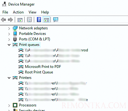 удаление скрытых принтеров в диспетчере устройств