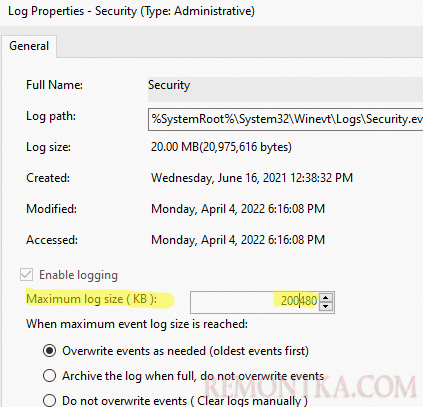 увеличить размер журнала security