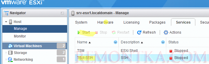 включить службу tsm-ssh на vmware hypervizor