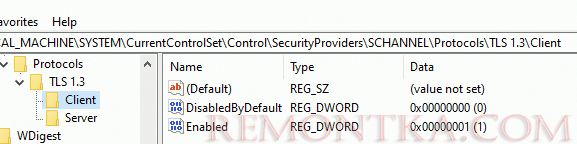 включить TLS 1.3 в реестре Windows Server