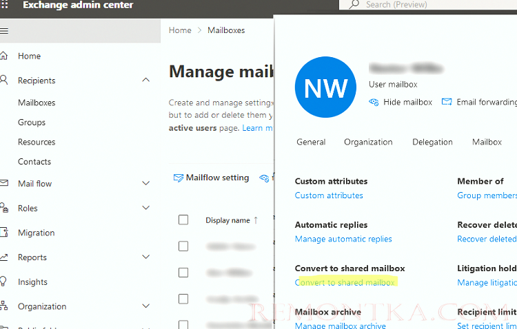 Microsoft 365 преобразовать ящик пользователя в общий