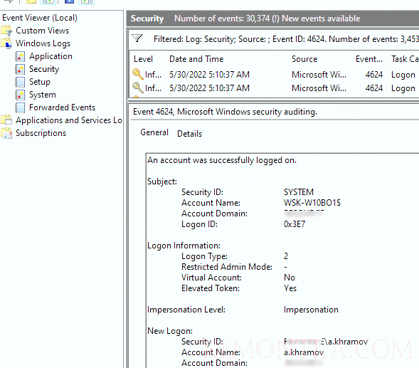 событие eventid 4626 - локальный вход пользователя в windows