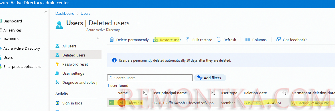 Восстановление удаленного пользователя через Azure Portal