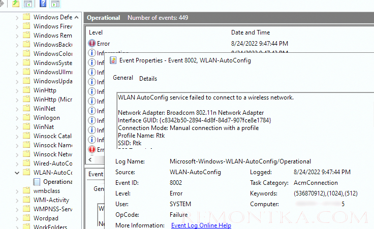 ошибка подключения к точке доступа wifi в журнале событий windows