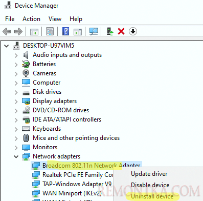 удалить беспроводной адаптер в диспетчере устройств windows